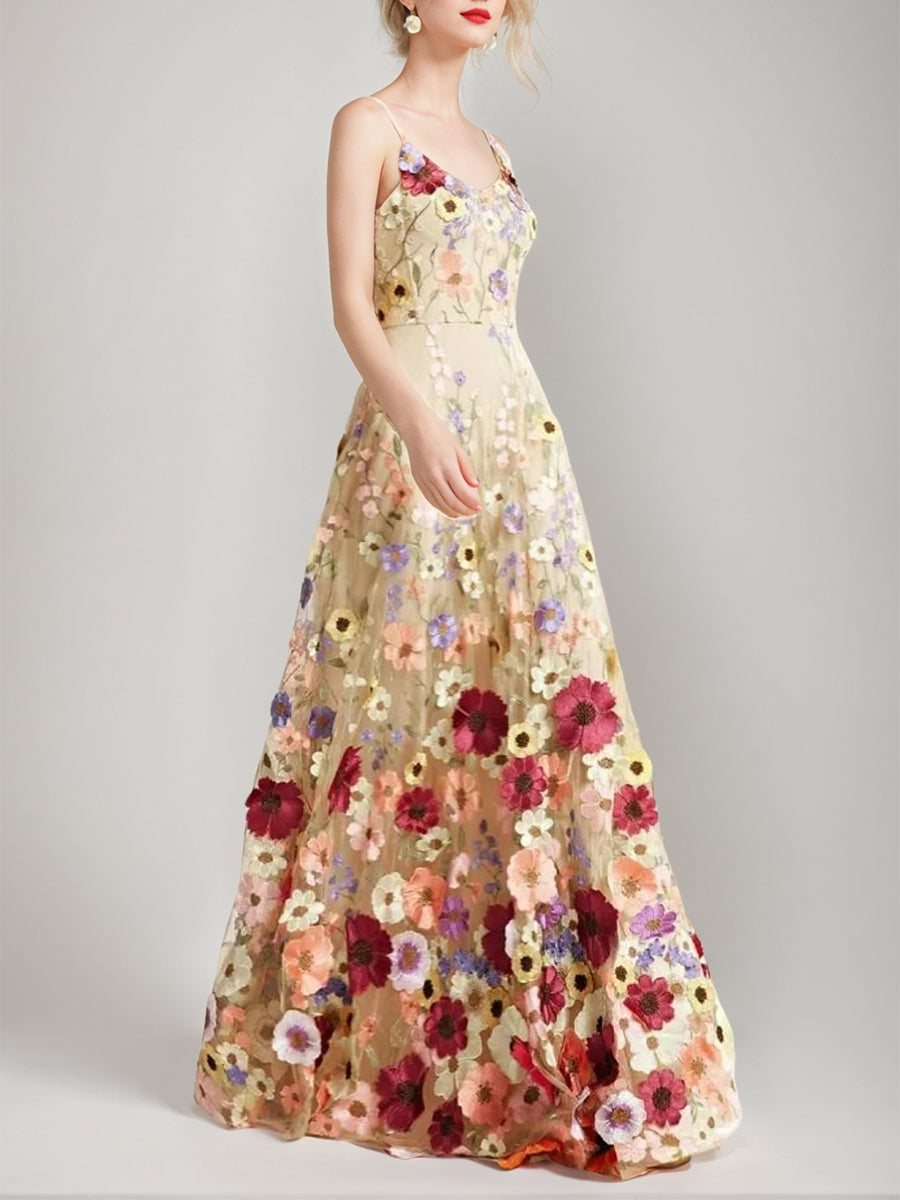 Robe De Soirée Élégante, Coupe Trapèze/Princesse, Bretelles Spaghetti, Sans Manches, Longueur Au Sol, Avec Imprimé Floral