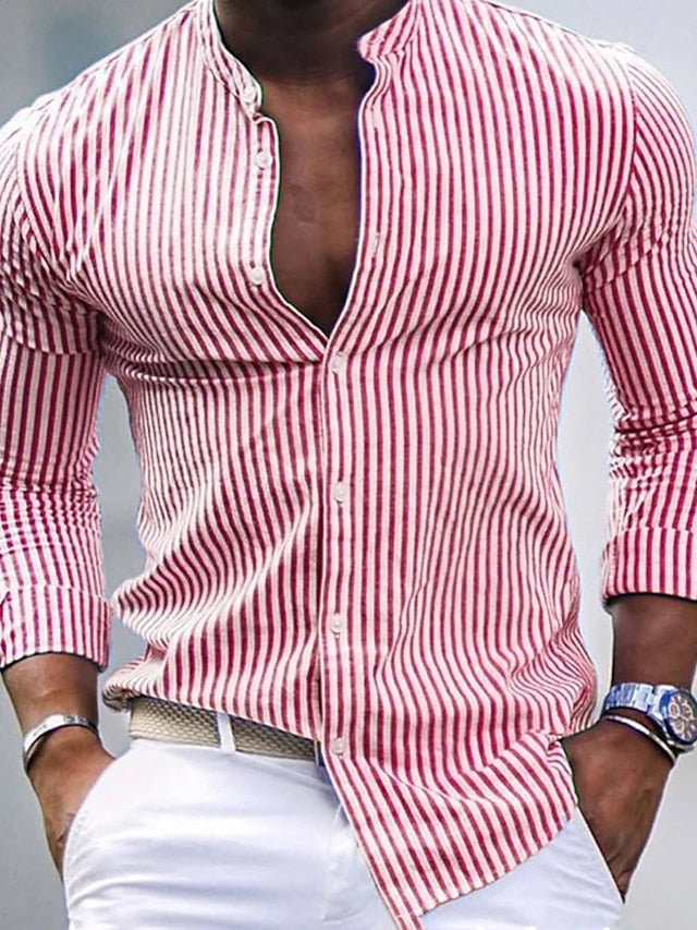 Chemise Décontractée à Manches Longues en Coton Mélangé à Rayures pour Hommes
