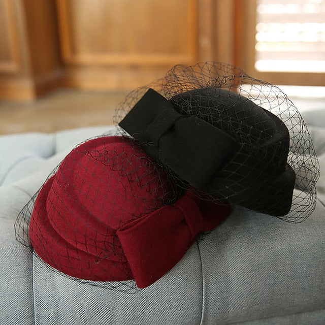 Chapeau Seau en Laine pour Femme, Chapeau Pilulier, Élégant, Rétro, avec Nœud(S), Couvre-Chef en Tulle