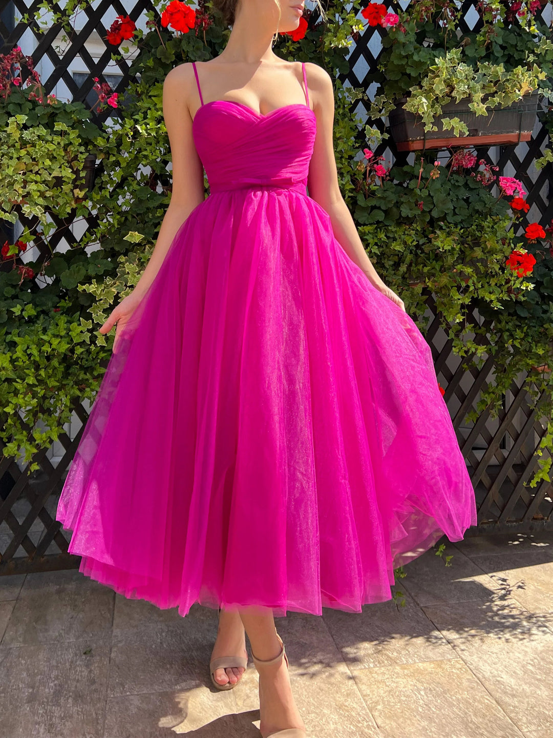 Robe de Bal Trapèze/Princesse à Bretelles Spaghetti et Longueur Thé