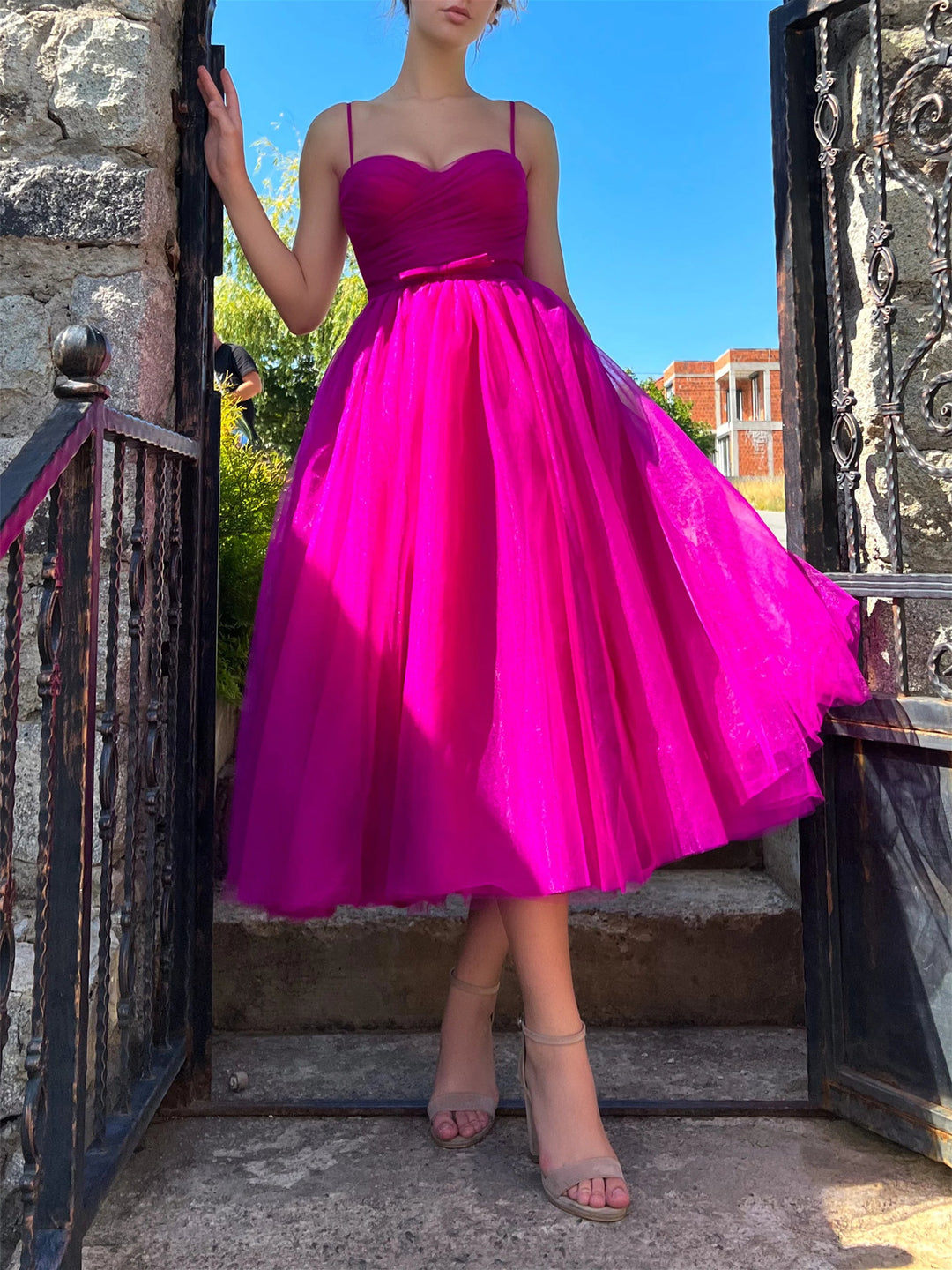 Robe de Bal Trapèze/Princesse à Bretelles Spaghetti et Longueur Thé
