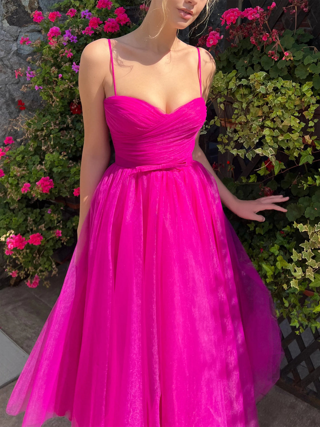 Robe de Bal Trapèze/Princesse à Bretelles Spaghetti et Longueur Thé