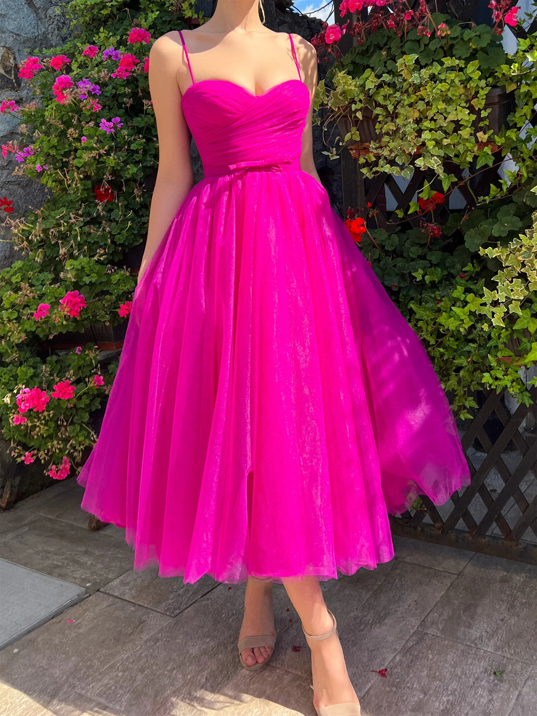 Robe de Bal Trapèze/Princesse à Bretelles Spaghetti et Longueur Thé
