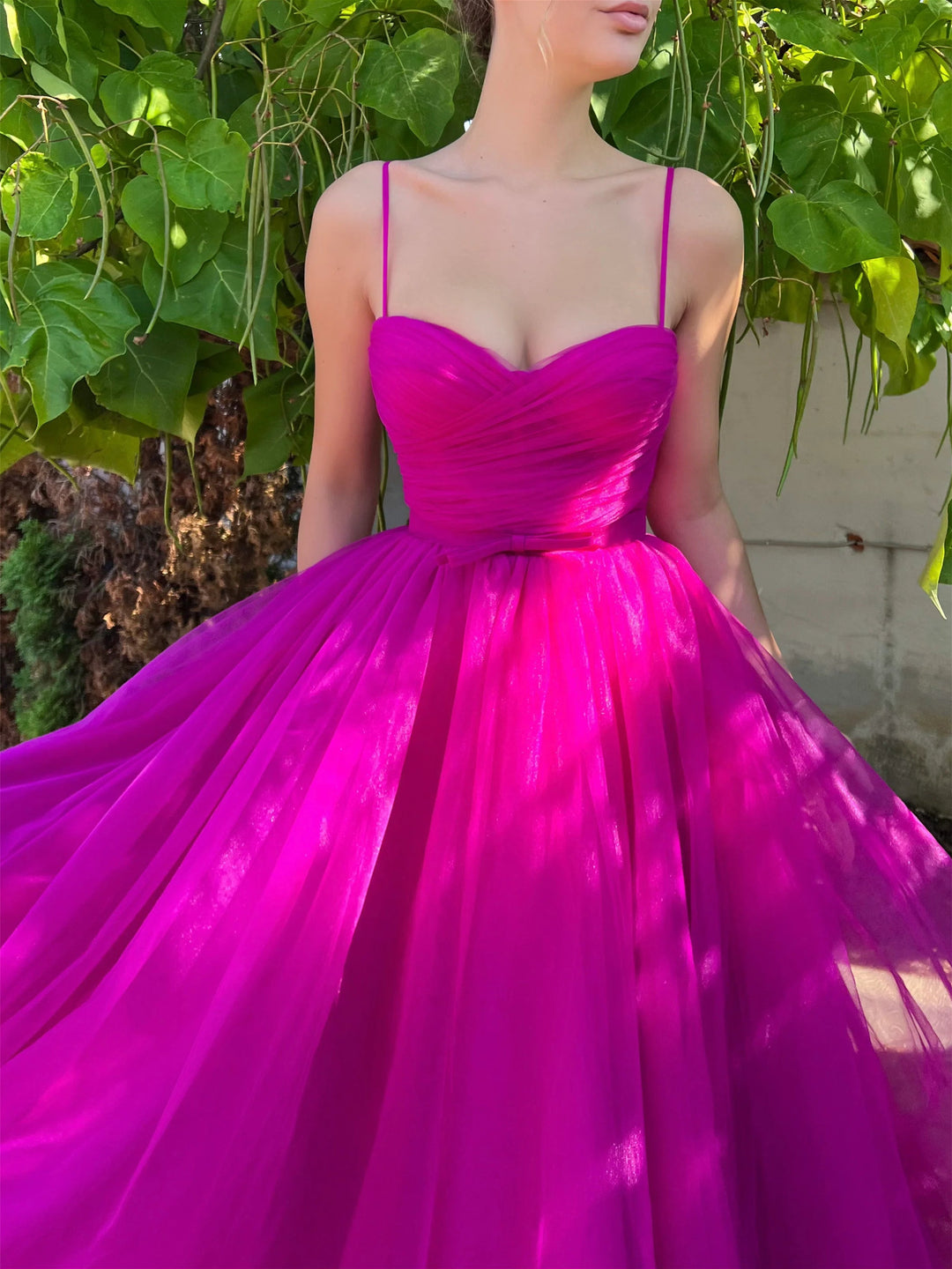 Robe de Bal Trapèze/Princesse à Bretelles Spaghetti et Longueur Thé