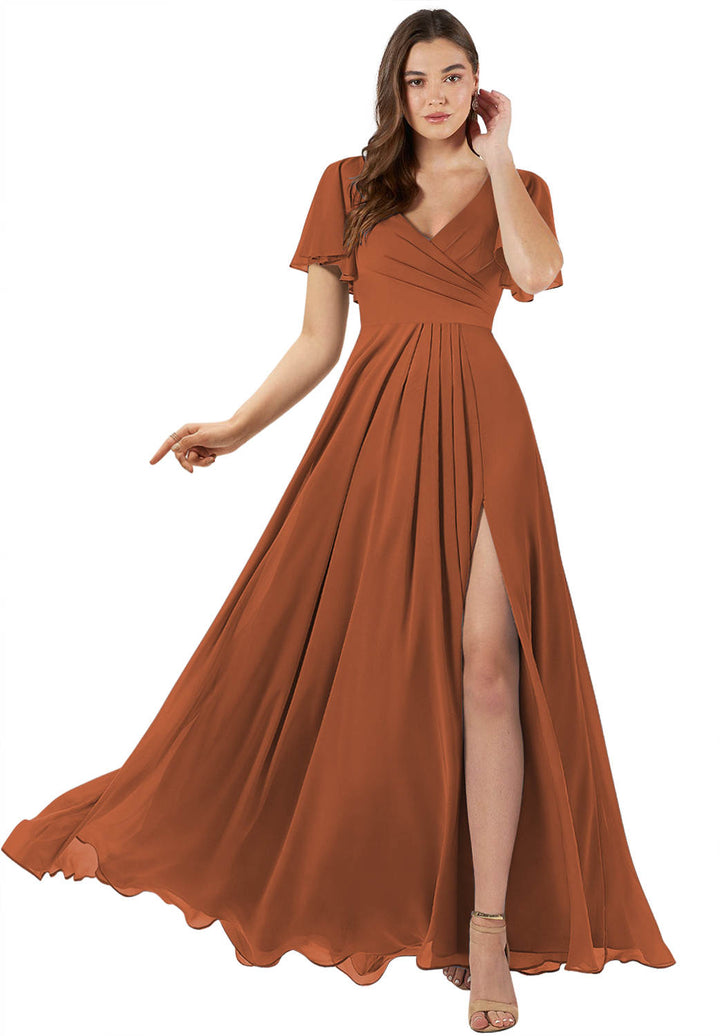 Robe de Demoiselle D'Honneur Coupe A-Line/Princesse, Col en V, Manches Courtes, Longueur Au Sol