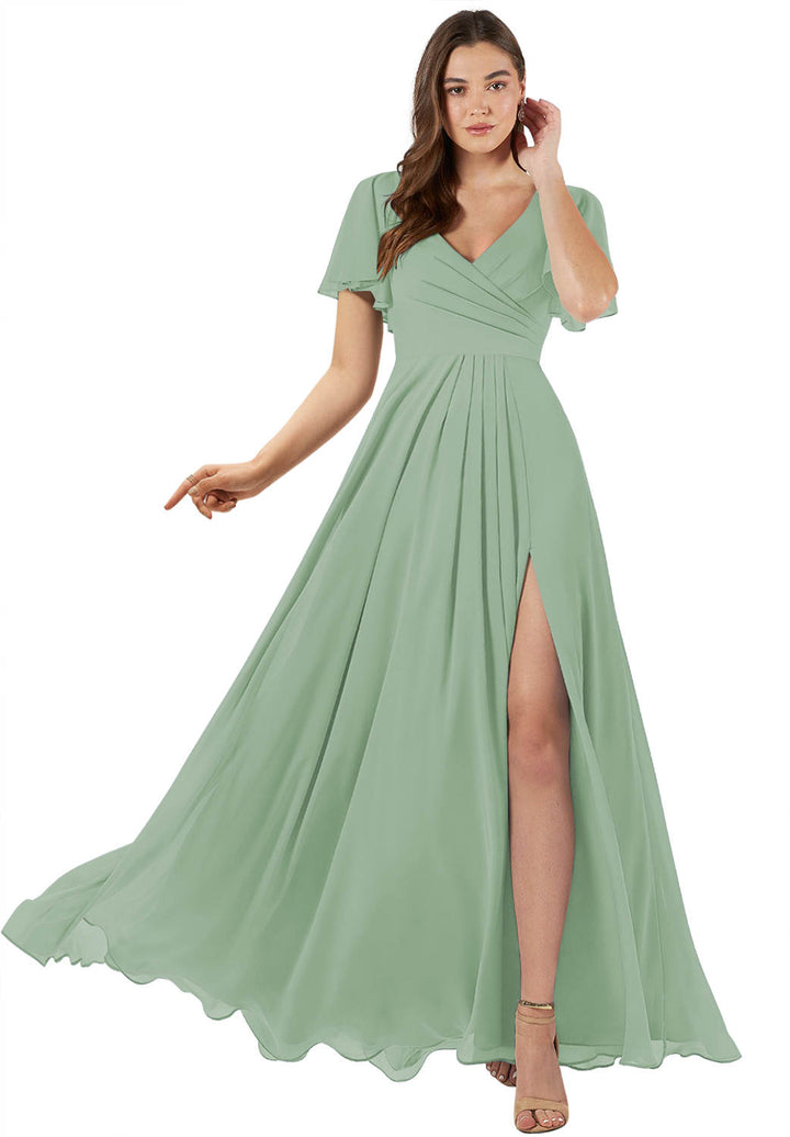 Robe de Demoiselle D'Honneur Coupe A-Line/Princesse, Col en V, Manches Courtes, Longueur Au Sol