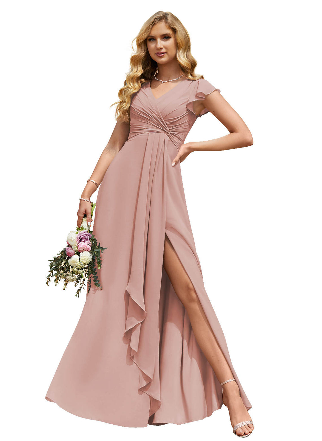 Robe de Mariée Longue à Col en V et Fente Sur le Côté, Coupe A-Line/Princess