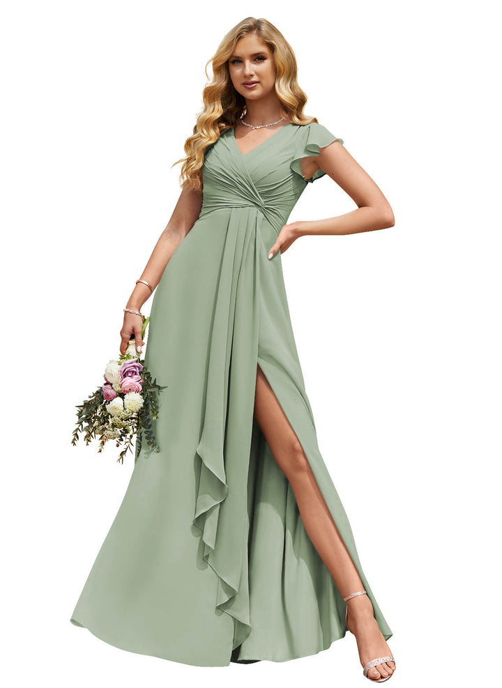 Robe de Mariée Longue à Col en V et Fente Sur le Côté, Coupe A-Line/Princess