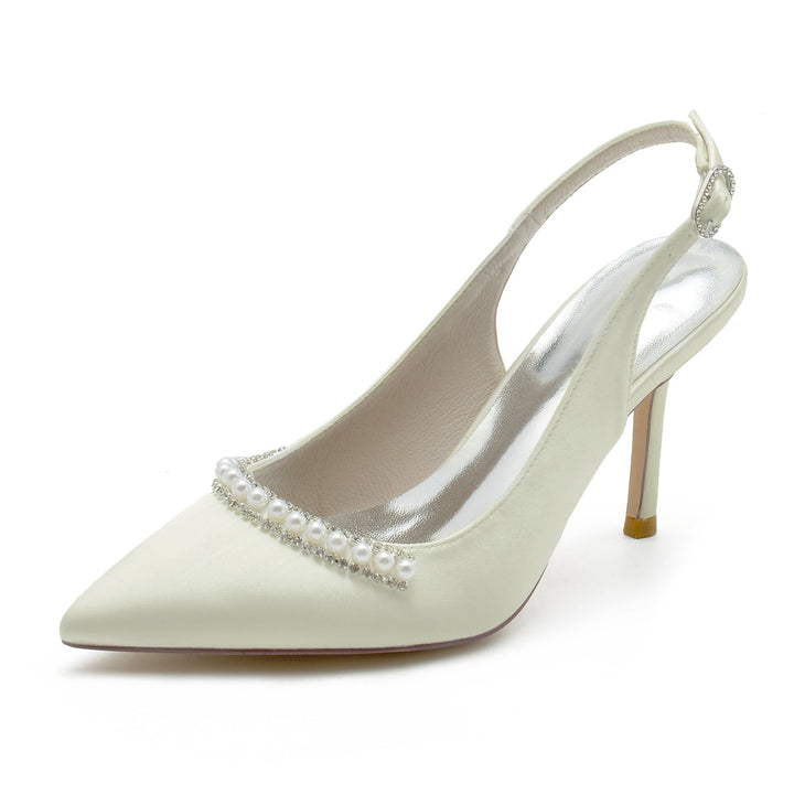Chaussures de Mariage pour Femmes en Satin de Soie Blanc Perle Talon Aiguille Bout Pointu Boucle Chaussures de Mariée