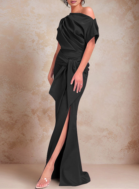 Robe de Mère de la Mariée Trompette/Sirène à Une Épaule et Manches Courtes, Longueur Au Sol, avec Volants et Côté Fendu