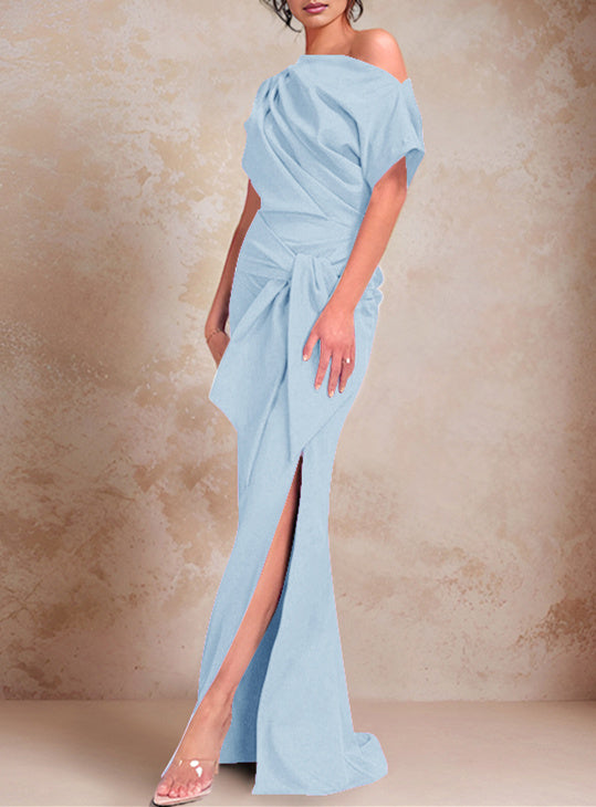Robe de Mère de la Mariée Trompette/Sirène à Une Épaule et Manches Courtes, Longueur Au Sol, avec Volants et Côté Fendu