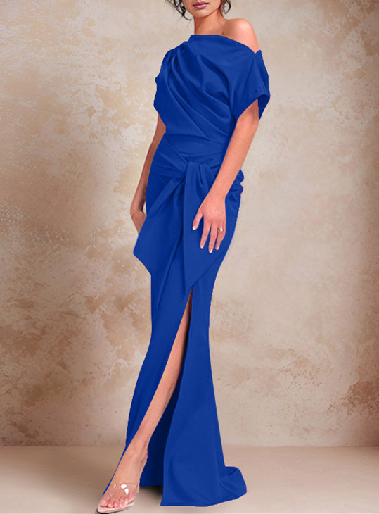 Robe de Mère de la Mariée Trompette/Sirène à Une Épaule et Manches Courtes, Longueur Au Sol, avec Volants et Côté Fendu
