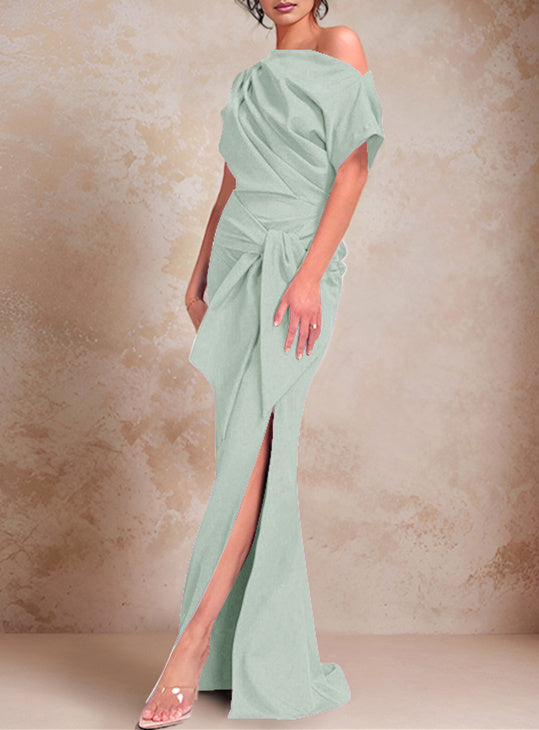 Robe de Mère de la Mariée Trompette/Sirène à Une Épaule et Manches Courtes, Longueur Au Sol, avec Volants et Côté Fendu