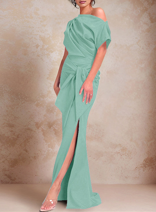 Robe de Mère de la Mariée Trompette/Sirène à Une Épaule et Manches Courtes, Longueur Au Sol, avec Volants et Côté Fendu