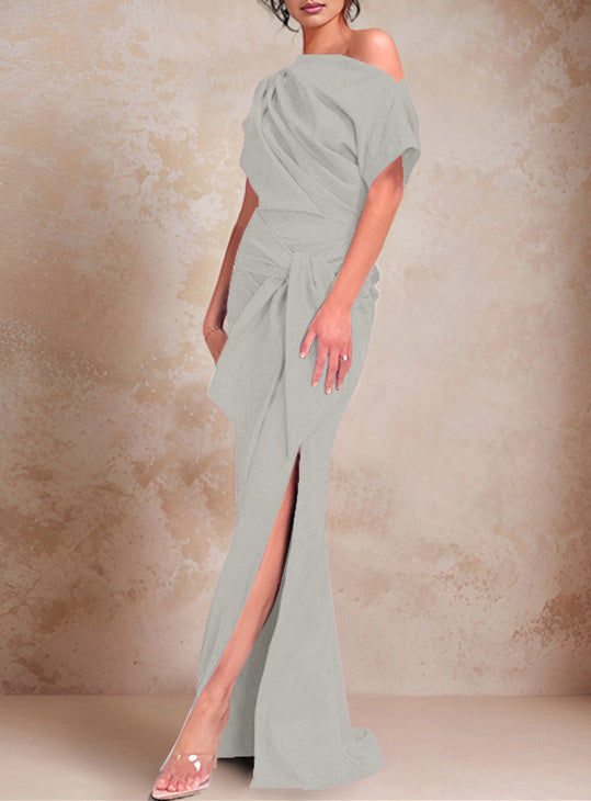 Robe de Mère de la Mariée Trompette/Sirène à Une Épaule et Manches Courtes, Longueur Au Sol, avec Volants et Côté Fendu
