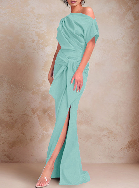 Robe de Mère de la Mariée Trompette/Sirène à Une Épaule et Manches Courtes, Longueur Au Sol, avec Volants et Côté Fendu