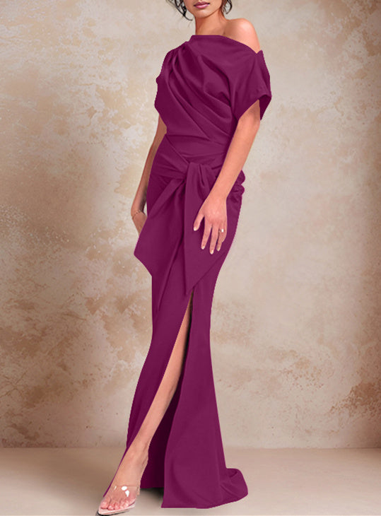 Robe de Mère de la Mariée Trompette/Sirène à Une Épaule et Manches Courtes, Longueur Au Sol, avec Volants et Côté Fendu