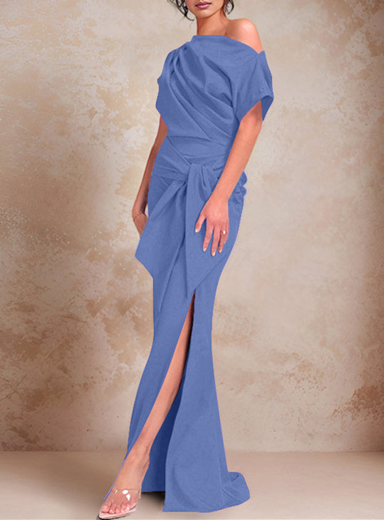 Robe de Mère de la Mariée Trompette/Sirène à Une Épaule et Manches Courtes, Longueur Au Sol, avec Volants et Côté Fendu