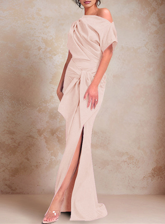 Robe de Mère de la Mariée Trompette/Sirène à Une Épaule et Manches Courtes, Longueur Au Sol, avec Volants et Côté Fendu