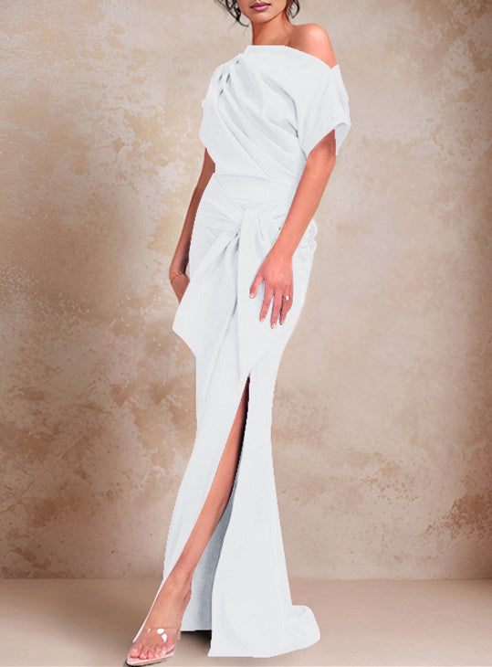 Robe de Mère de la Mariée Trompette/Sirène à Une Épaule et Manches Courtes, Longueur Au Sol, avec Volants et Côté Fendu