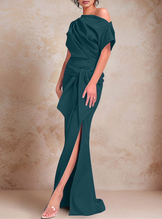 Robe de Mère de la Mariée Trompette/Sirène à Une Épaule et Manches Courtes, Longueur Au Sol, avec Volants et Côté Fendu