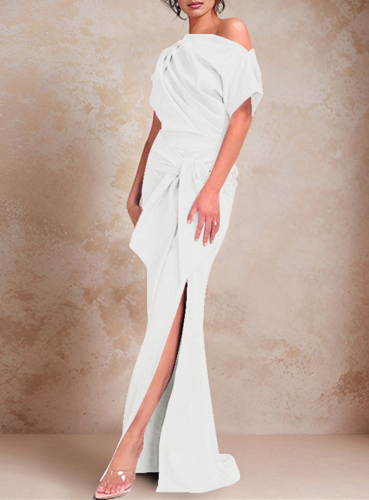 Robe de Mère de la Mariée Trompette/Sirène à Une Épaule et Manches Courtes, Longueur Au Sol, avec Volants et Côté Fendu
