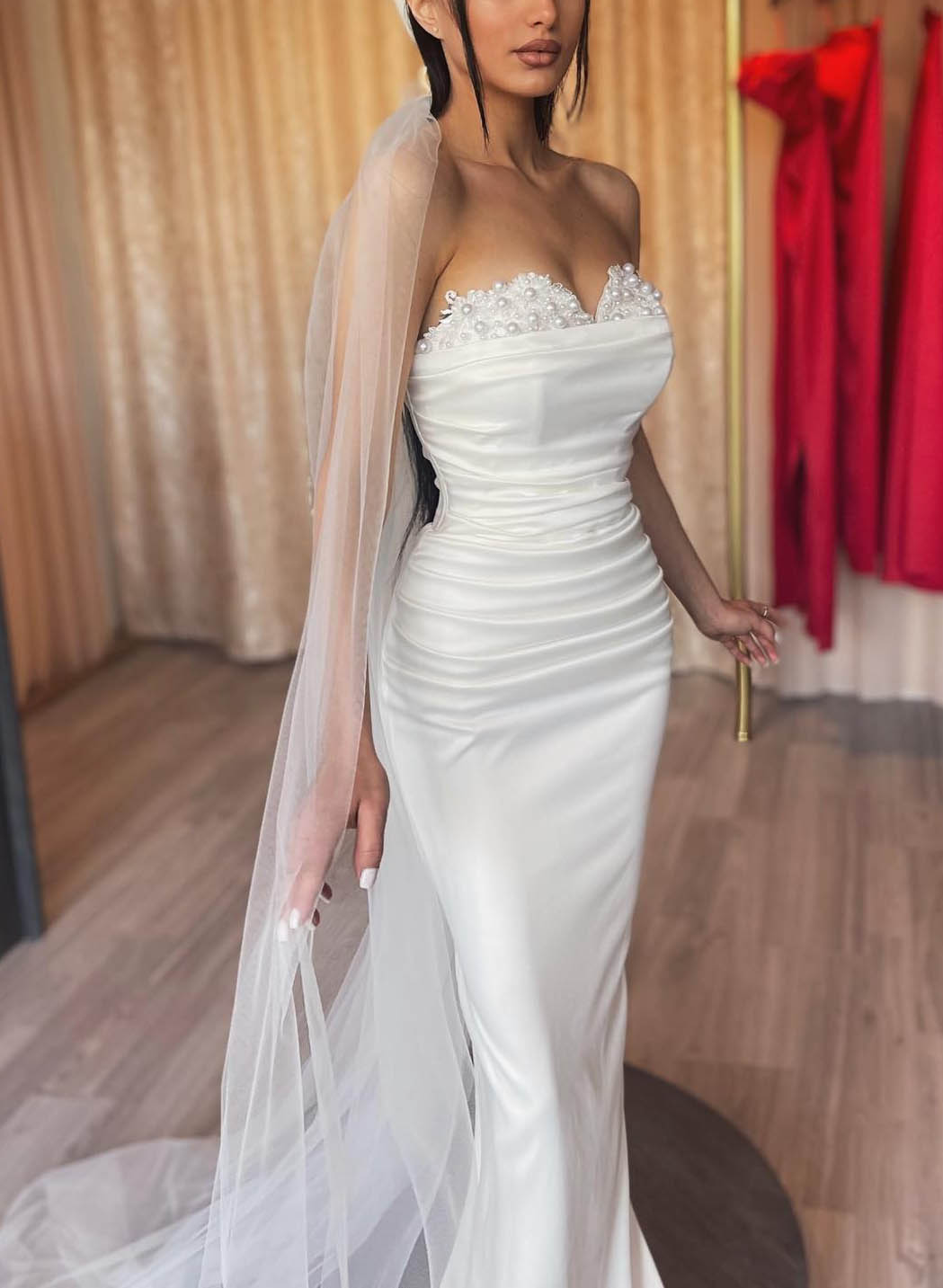 Robe de Mariée en Dentelle à Épaules Dénudées et Longueur Au Sol
