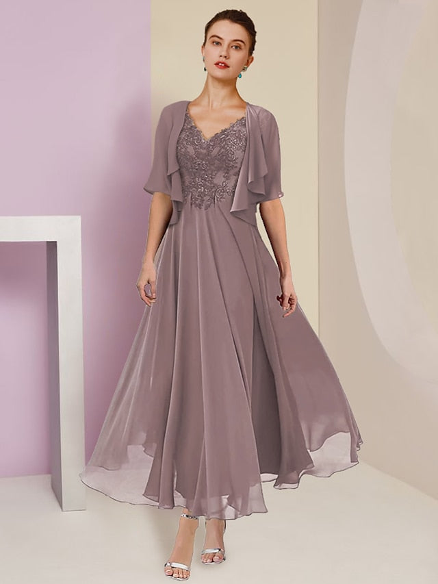 Robes de Mère de la Mariée Coupe A-Line/Princess à Col en V et Longueur Thé