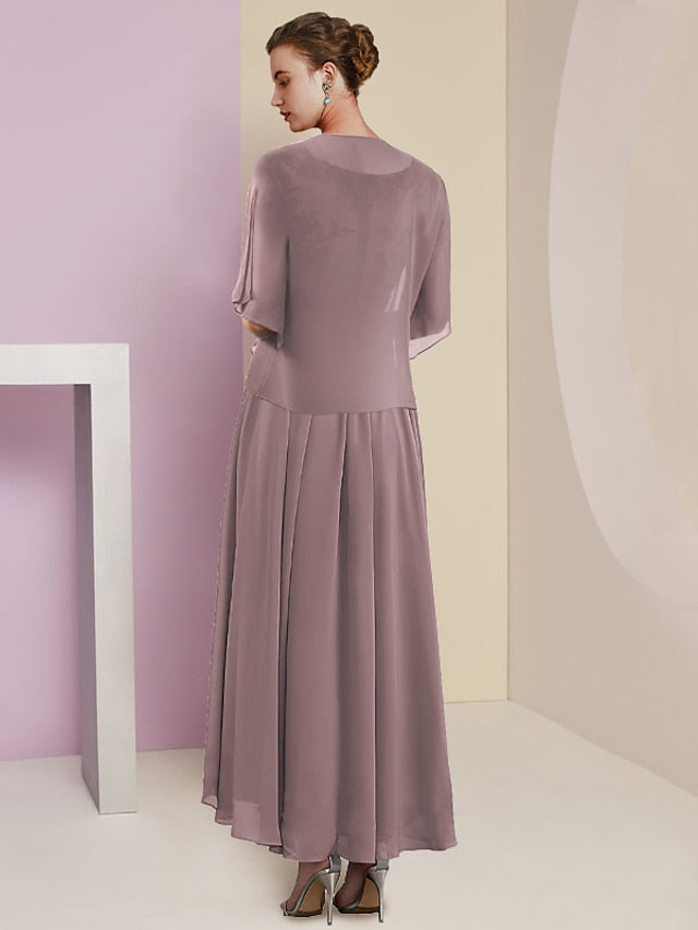 Robes de Mère de la Mariée Coupe A-Line/Princess à Col en V et Longueur Thé