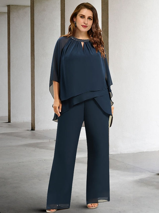 Tailleur-Pantalon en Mousseline de Soie à Col Bijou pour Mère de la Mariée