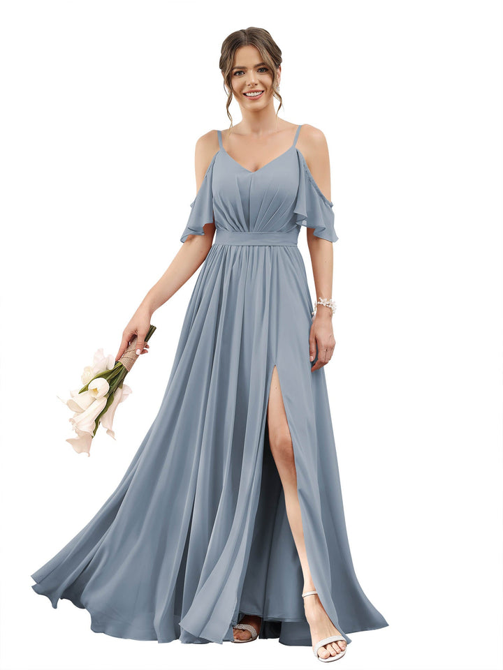 Robe de Demoiselle D'Honneur Longue à Épaules Dénudées et Coupe Princesse avec Fente Sur le Côté