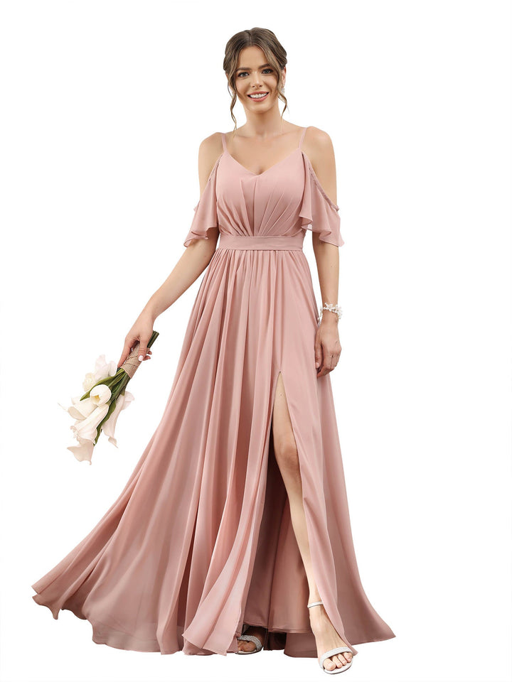 Robe de Demoiselle D'Honneur Longue à Épaules Dénudées et Coupe Princesse avec Fente Sur le Côté