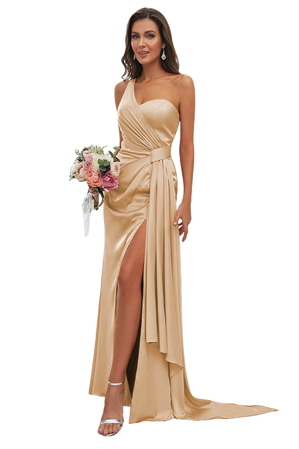 Robe de Demoiselle D'Honneur Fourreau/Colonne à Une Épaule et Longueur Au Sol avec Fente Sur le Côté