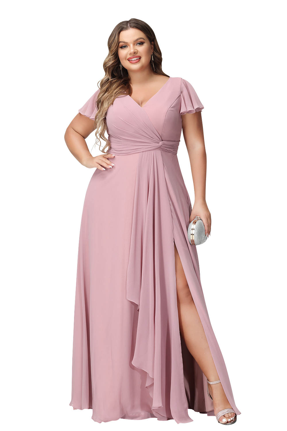 Robe de Mariée Longue à Col en V et Fente Sur le Côté, Coupe A-Line/Princess