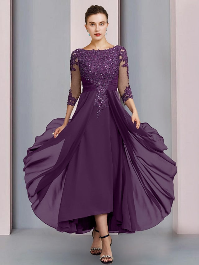 Robes de Mère de la Mariée Coupe A-Line/Princess à Encolure Dégagée et Longueur Thé
