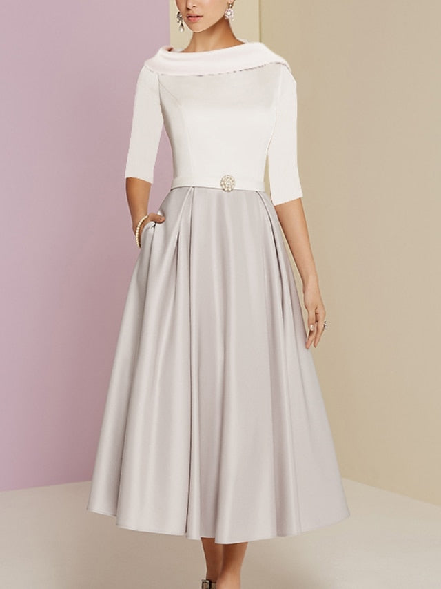 Robe de Mère de la Mariée Coupe A-Line/Princess à Demi-Manches et Col Bijou, Longueur Thé, avec Poches et Plis