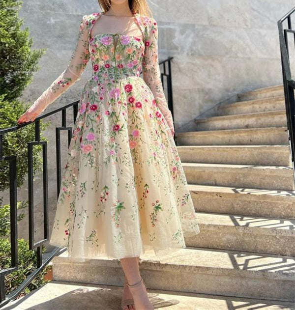 Robe de Soirée Longue Formelle à Manches Longues et Col en V, Coupe Princesse, Longueur Au Sol