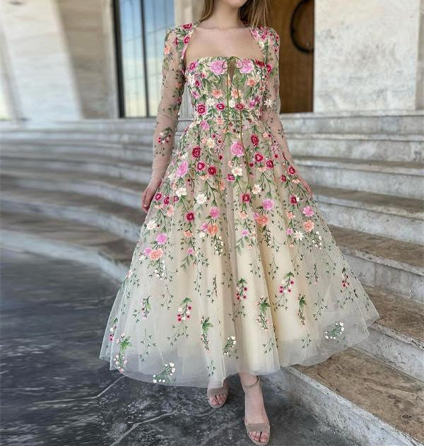 Robe de Soirée Longue Formelle à Manches Longues et Col en V, Coupe Princesse, Longueur Au Sol