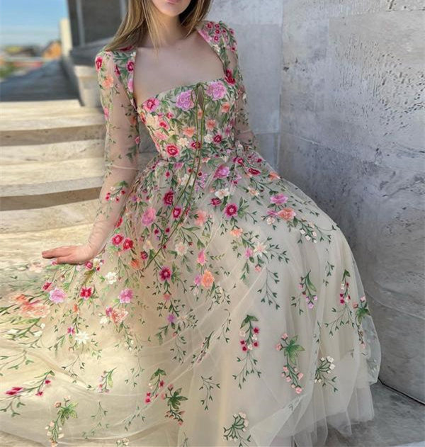 Robe de Soirée Longue Formelle à Manches Longues et Col en V, Coupe Princesse, Longueur Au Sol