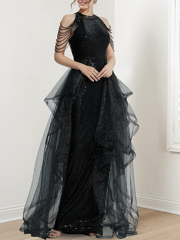 Robe de Bal Longue à Volants et Paillettes, Coupe A-Line/Princess