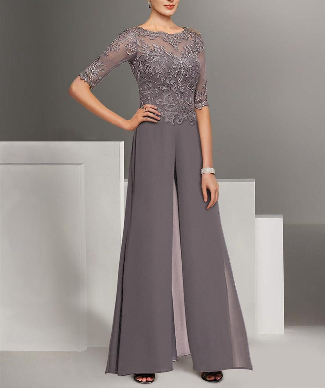 Tailleur-Pantalon en Mousseline de Soie à Col Bijou et Manches Mi-Longues avec Dentelle pour Mère de la Mariée