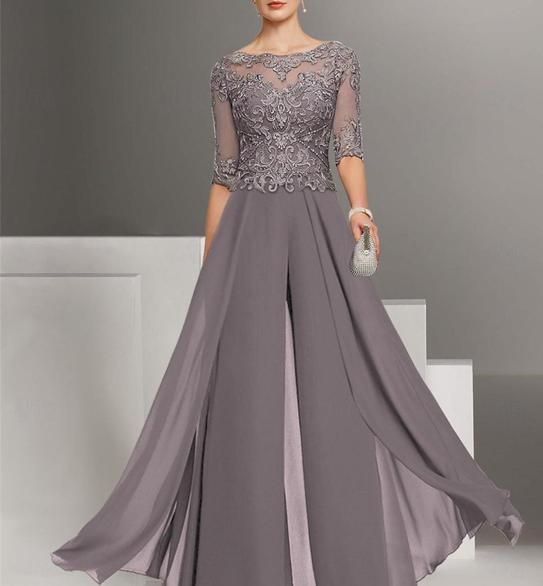 Tailleur-Pantalon en Mousseline de Soie à Col Bijou et Manches Mi-Longues avec Dentelle pour Mère de la Mariée