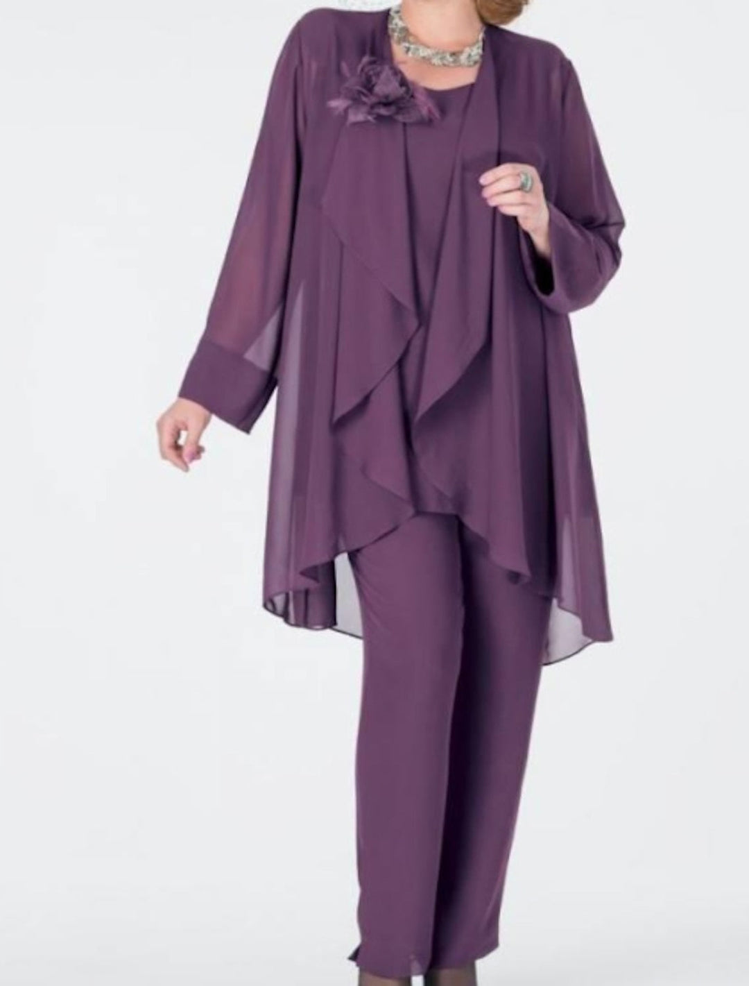 Tailleur-Pantalon en Mousseline de Soie avec Veste pour Mère de la Mariée