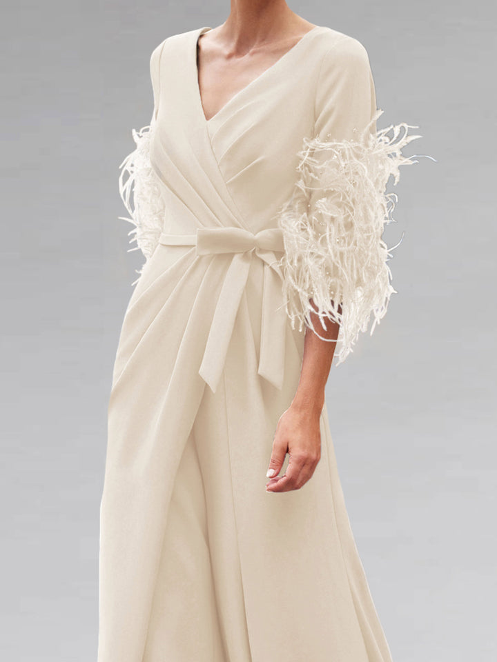Col en V Feathers Sleeves Longueur de La Cheville Mère Of The Mariée Jumpsuit avec Noeud Papillon