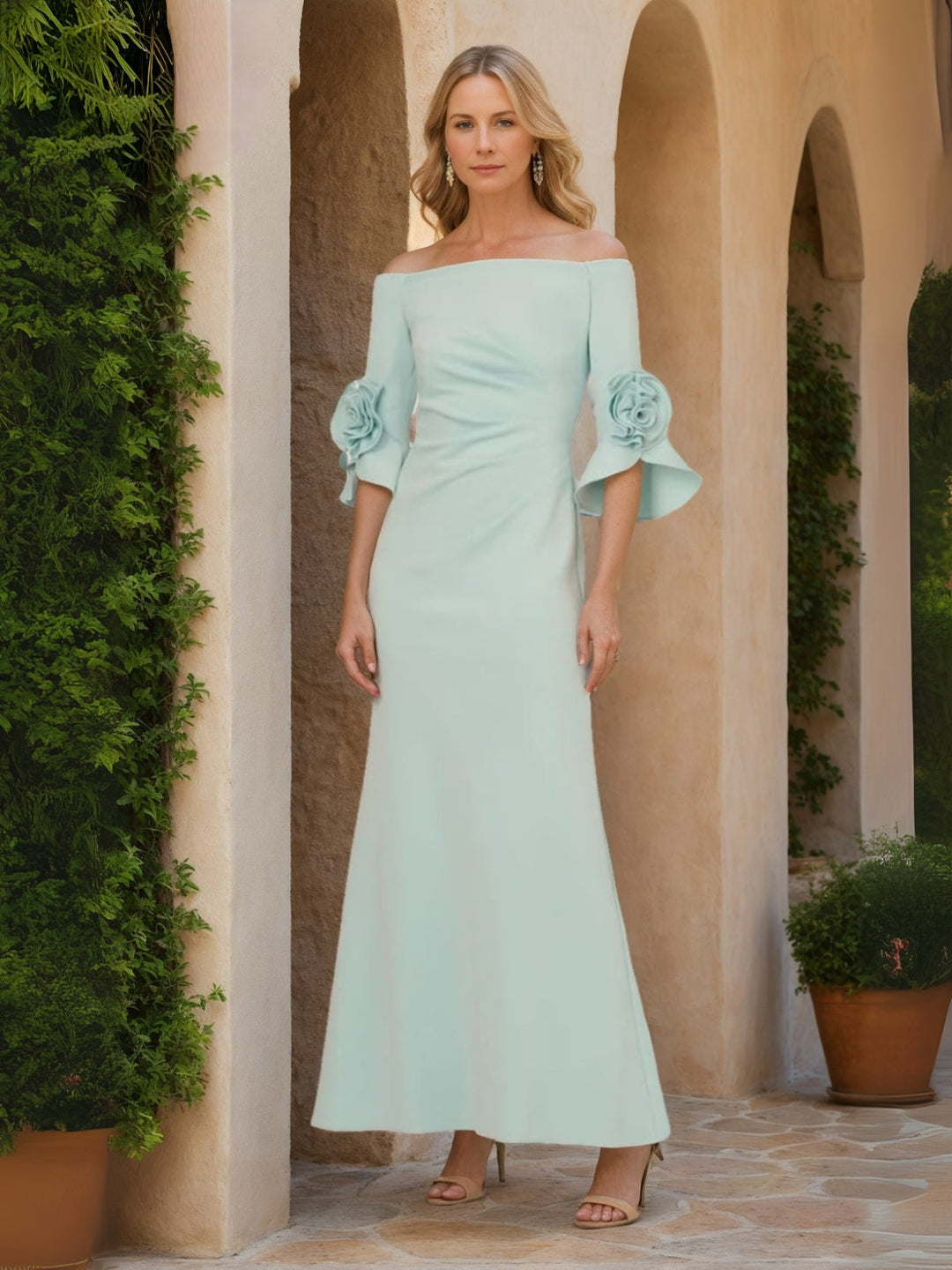 Ligne A/Princesse Off the shoulder Demi-manches Longueur de La Cheville Robes d'Invité de Mariage avec 3D Fleur