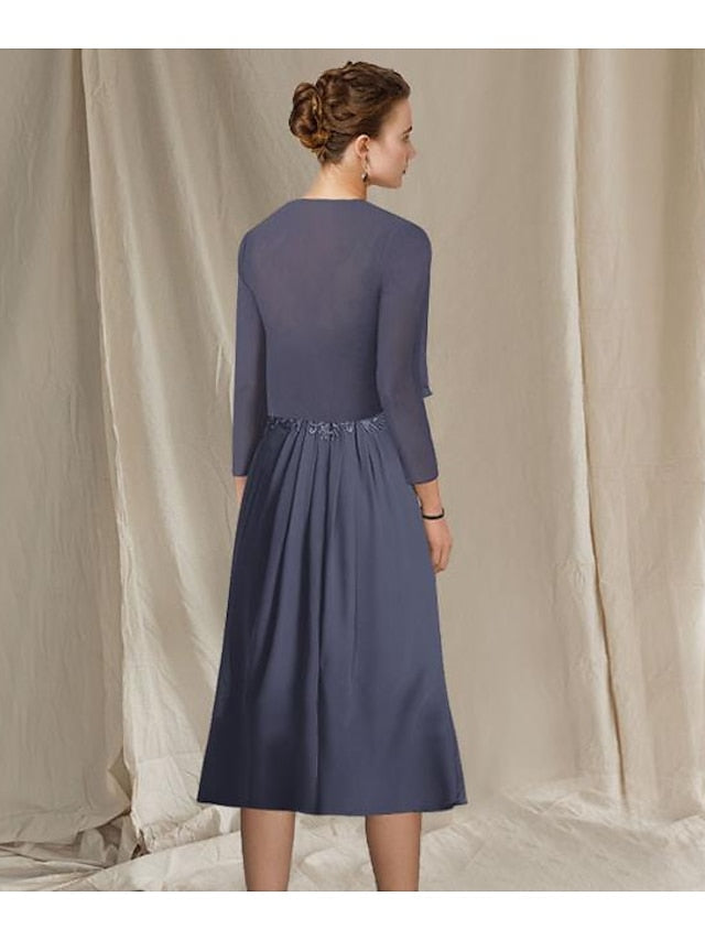 Robes de Mère de la Mariée Coupe A-Line/Princess à Col en V et Longueur Thé