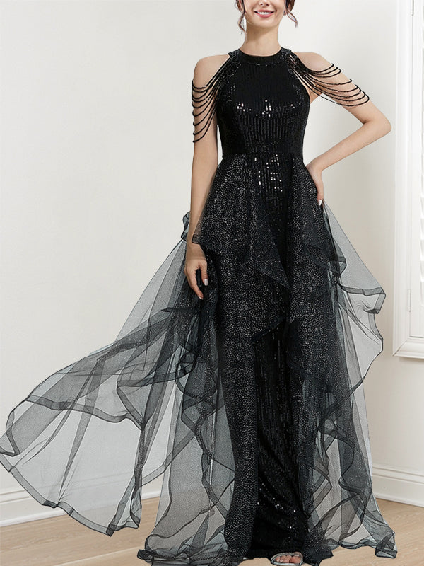 Robe de Bal Longue à Volants et Paillettes, Coupe A-Line/Princess