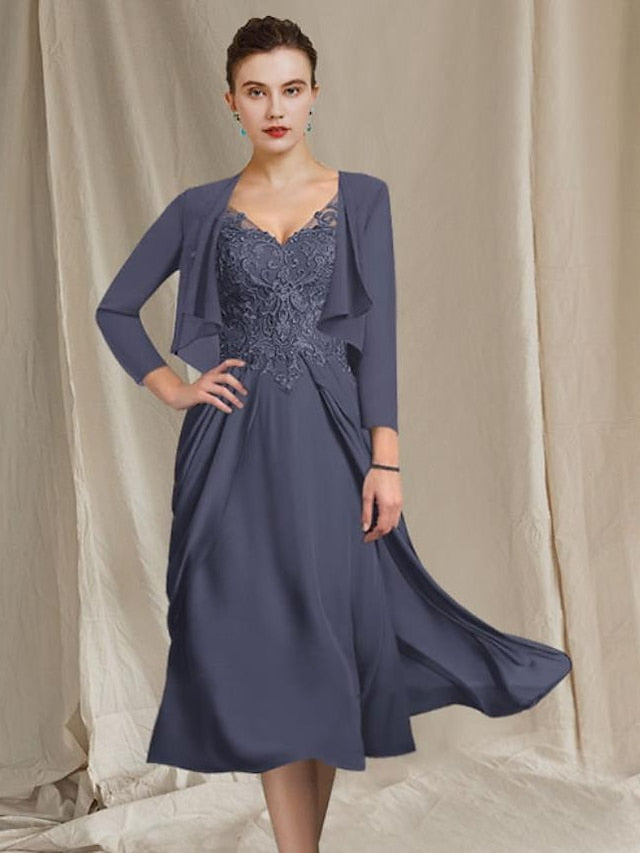 Robes de Mère de la Mariée Coupe A-Line/Princess à Col en V et Longueur Thé