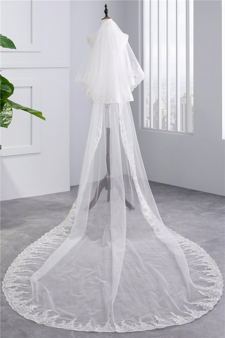 Voile de Mariée Élégant à Deux Niveaux avec Paillettes