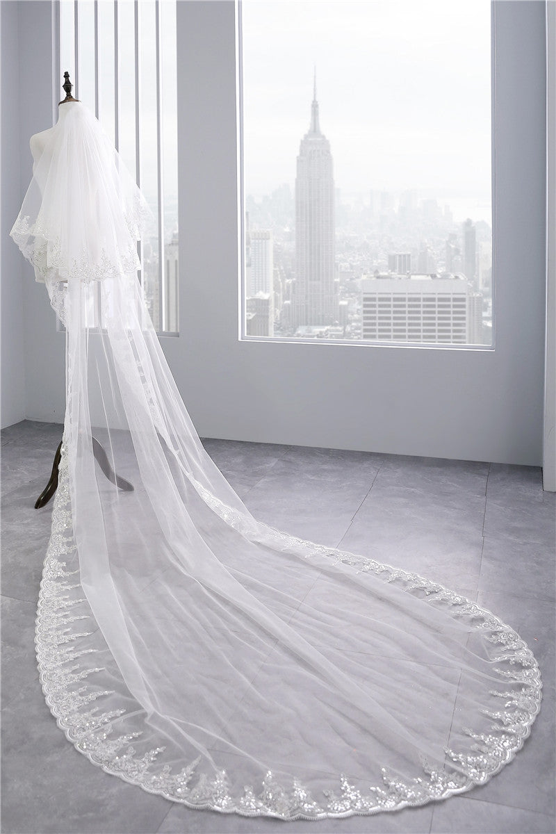 Voile de Mariée Élégant à Deux Niveaux avec Paillettes